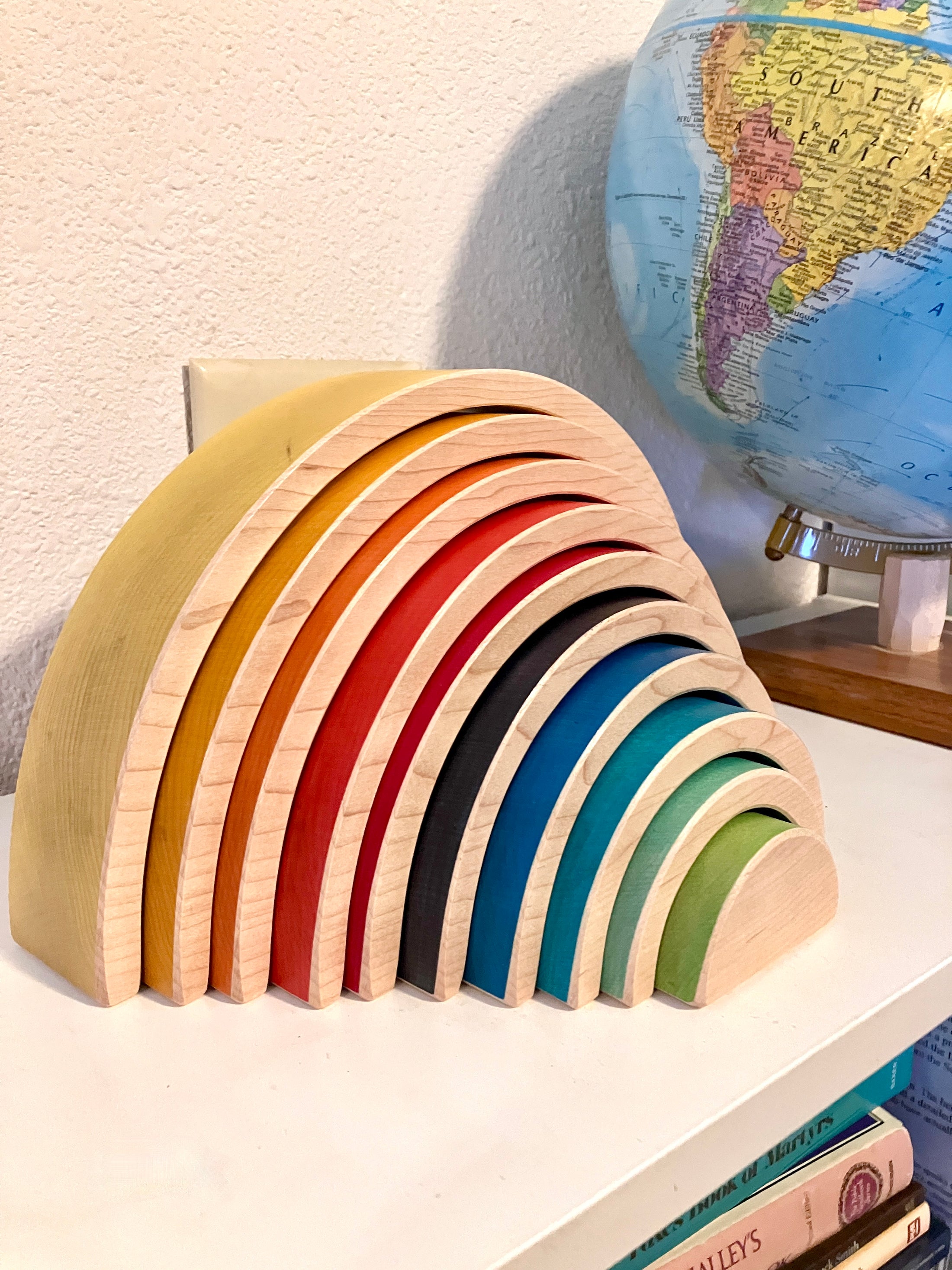 10 piece Wooden Rainbow Stacking Blocks - Vibrant Yellow, Over and Under Color