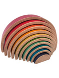 Load image into Gallery viewer, A wooden Montessori-style stacking circle toy with concentric semi-circular rings in natural wood and painted colors including pink, red, orange, yellow, green, blue, and navy, displayed on a clean white background.
